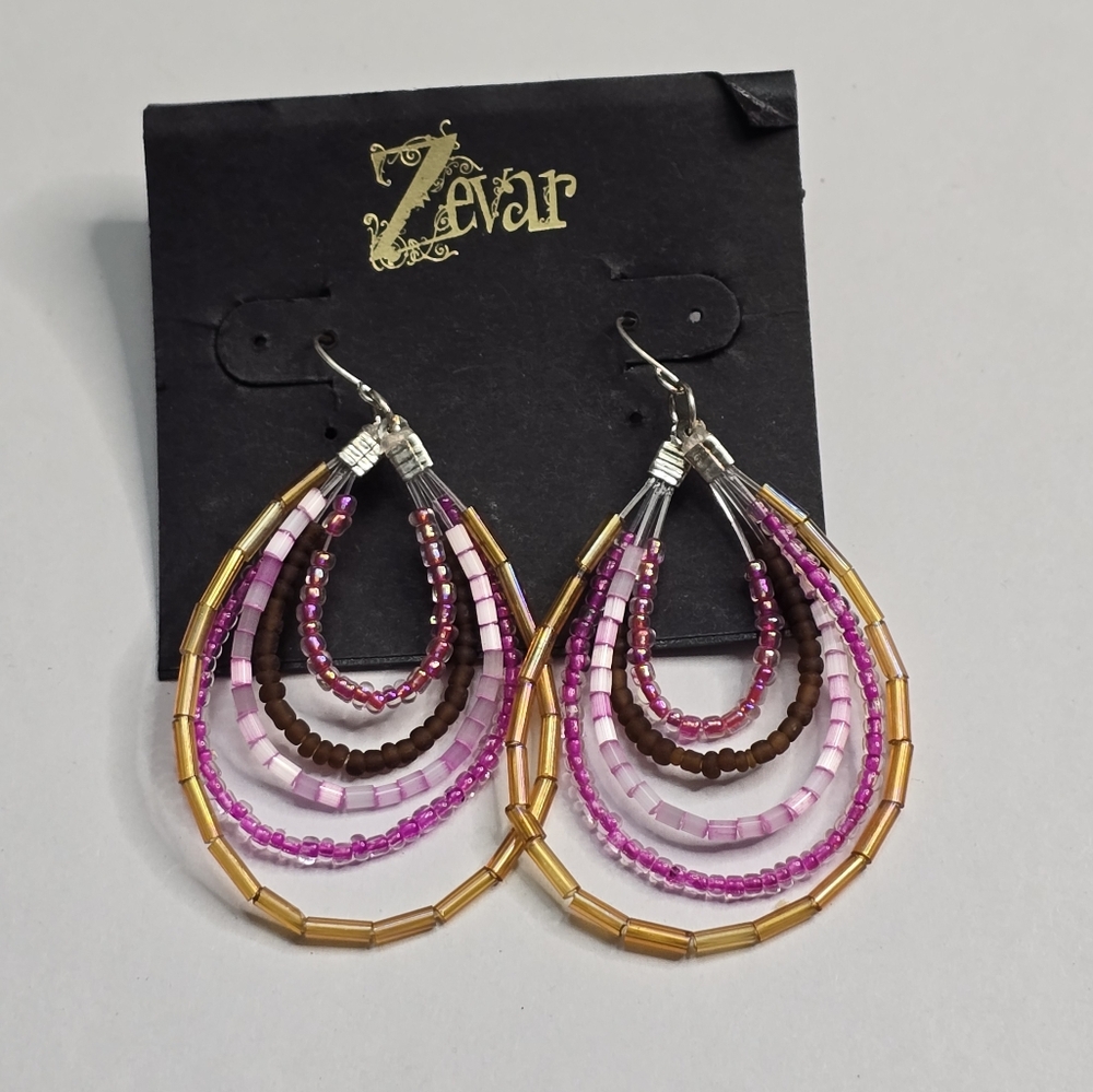 Treska Zevar Beaded Teardrop Earrings Multi Layer Pink Gold Brown Boho Statement
